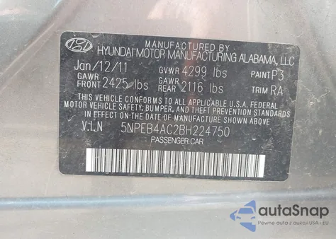 2011 Hyundai Sonata Gls z USA, uszkodzony, nr VIN 5NPEB4AC2BH224750